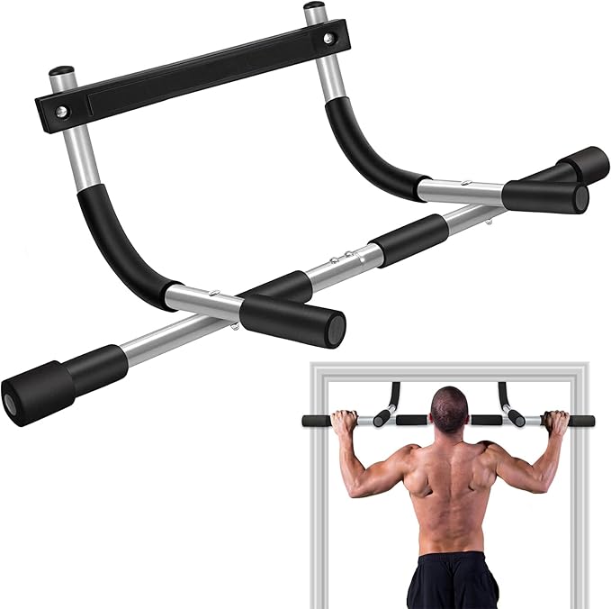 Doorway pull-up bar with black and silver design, shown with a person using it.